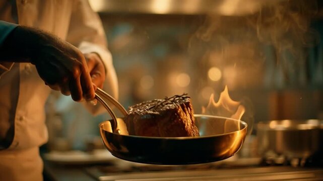 Sizzling Steak in a Pan: A culinary artist expertly sears a thick, juicy steak in a gleaming pan, flames dancing around the edges, the epitome of gourmet dining and masterful technique.