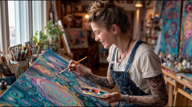 Joyful Female Artist Painting Vibrant Abstract Canvas in Her Studio