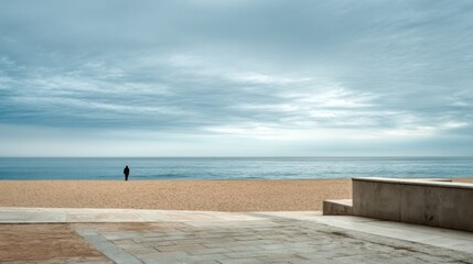 Fototapeta premium arthouse-style beach in Madrid, abstract minimalism, empty space, one person standing by the sea in silence, dramatic light, grainy texture