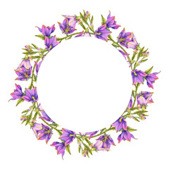 Watercolor illustration of purple bellflower with green stem frame. for packaging of natural cosmetics, home fragrances herbal tea greeting cards, wedding decor botanical books and textile prints