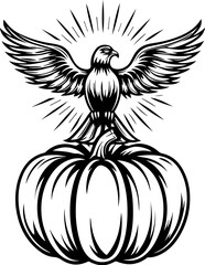 Fototapeta premium SVG of a Halloween bird wearing a witch hat with a pumpkin, in a playful tattoo style. Eagle with Wings Above Pumpkin in Vintage Black and White Design