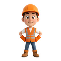 Fototapeta premium Cartoon construction worker standing with hands on hips, wearing an orange hard hat, vest, gloves, and work boots.