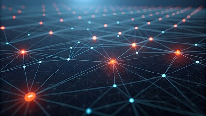 A network of glowing nodes and lines connects across a dark background, showing digital information flow.