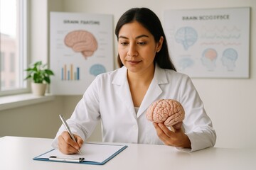 hispanic female researcher holding anatomical brain model and writing notes in sunlit lab, concept of cognitive education, memory training, alzheimer prevention