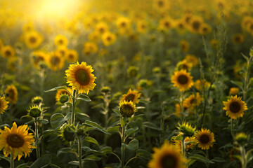 Sunflowers in a field, bathed in warm sunlight. A summer day in agriculture. Ecological concept and cultivated area