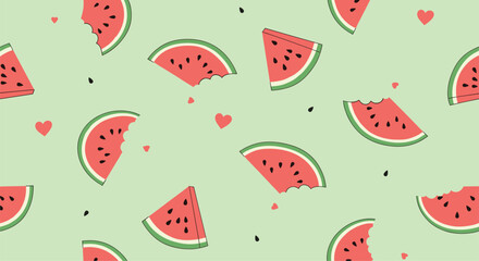 Charming pixelated watermelon slices adorned with cute pink hearts on a light green background pattern