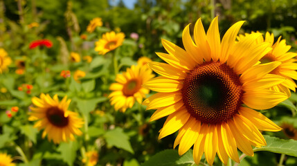 Obraz premium Yellow sunflower in the garden on a sunny day. Summer and autumn background