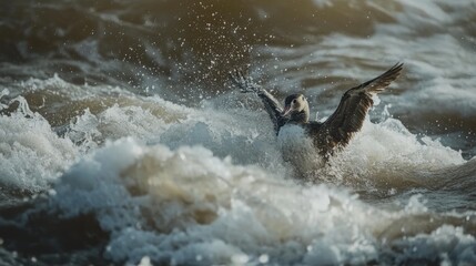 Obraz premium A bird, likely a seabird, splashing and struggling in a choppy ocean wave.