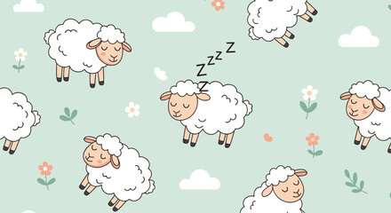 Fototapeta premium Adorable fluffy sheep sleeping peacefully in a dreamy meadow with soft clouds and delicate wildflowers
