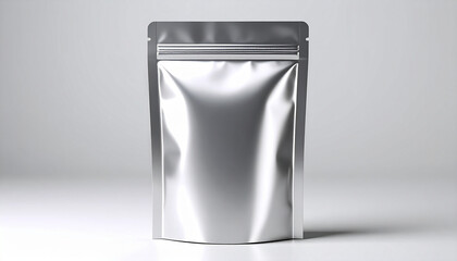 Glossy silver pouch isolated with realistic shadow on white background