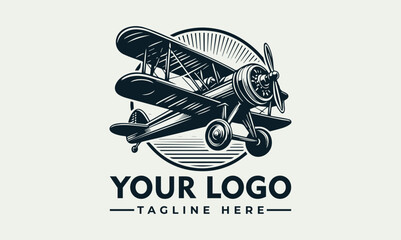 Vintage biplane logo design, dark monochrome illustration, propeller, sunburst background, classic aviation theme. © nuaari