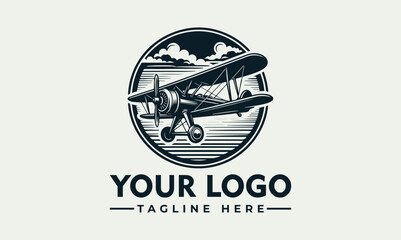 A vintage biplane illustration flies through a cloudy sky, inside a circular emblem. © nuaari