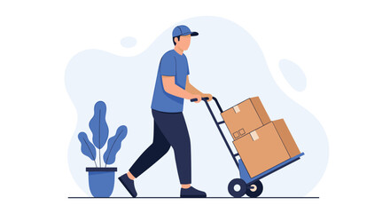 Professional delivery driver with cart transporting cardboard boxes with goods securely and efficiently for logistics and transportation services