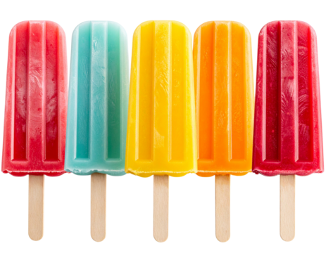 Colorful rainbow popsicles lined up, frozen summer treats, isolated on white background, PNG format 