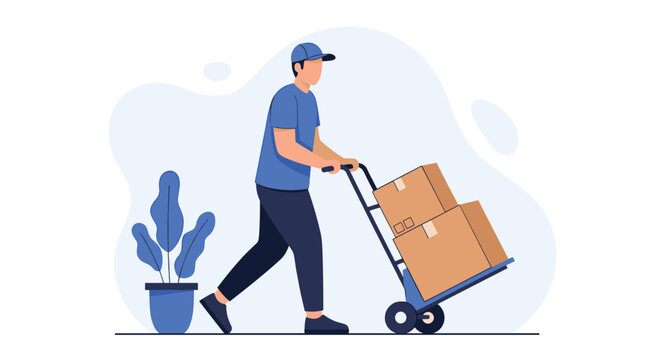 Professional delivery driver with cart transporting cardboard boxes with goods securely and efficiently for logistics and transportation services