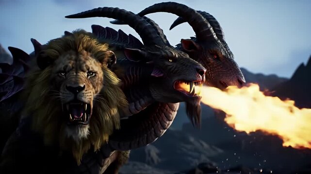 Three-headed chimera breathing fire with lion, goat, and dragon heads