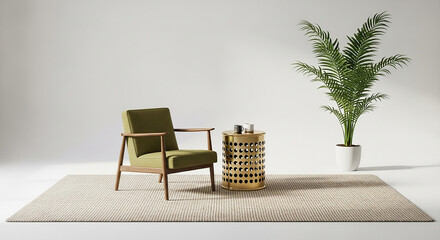 green chair mockup, Minimal modern interior with olive green armchair decorative basket side table and potted plant in daylight cozy home scene

