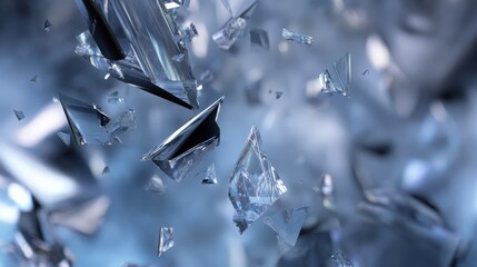 crystal shards rotating in space, transparent glass-like materials, cold tones, reflections and refractions, minimalistic composition 