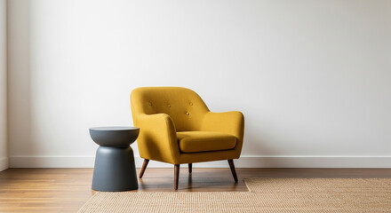 yellow chair mockup, Stylish minimal interior with mustard yellow armchair black side table and clean white wall in bright cozy home decor scene
