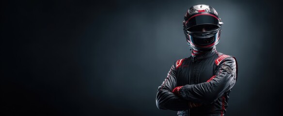 The racing driver in a dynamic pose against a dramatic dark background.