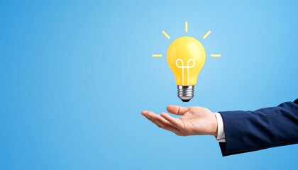 3D scene with a lightbulb-shaped idea icon floating above the hand of a blurred man in a suit