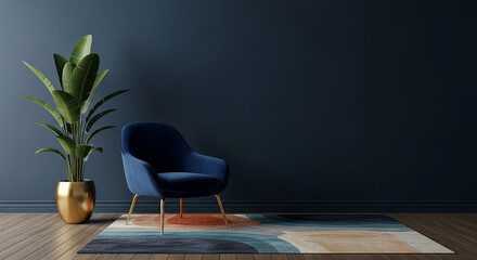 velvet chair mockup, Dark luxury interior with blue velvet armchair colorful abstract area rug gold planter and tall green indoor plant against deep wall

