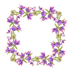 Watercolor illustration of purple bellflower with green stem frame. for packaging of natural cosmetics, home fragrances herbal tea greeting cards, wedding decor botanical books and textile prints.