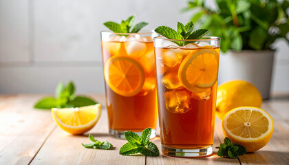 Fototapeta premium Refreshing iced tea with lemon slice and mint in transparent glass