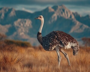 Ostrich walking in dry grassy field, searching for food