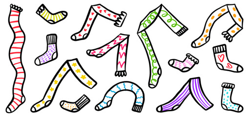 Vector collection of different funny socks and stockings, hand drawn in doodle style