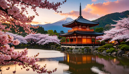 Fototapeta premium Japanese Temple Surrounded by Blooming Sakura Trees in Spring Season