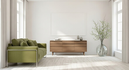 Green sofa, modern minimalist living room with olive couch wooden cabinet large wall frame and glass vase plant in bright cozy elegant apartment interior

