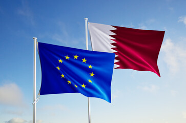flags of union european and qatar flags over blue sky background.