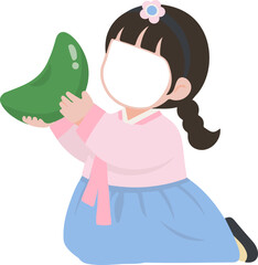 Korean girl in Hanbok with Songpyeon for Chuseok holiday, face-in-hole template for photo editing, traditional character illustration.