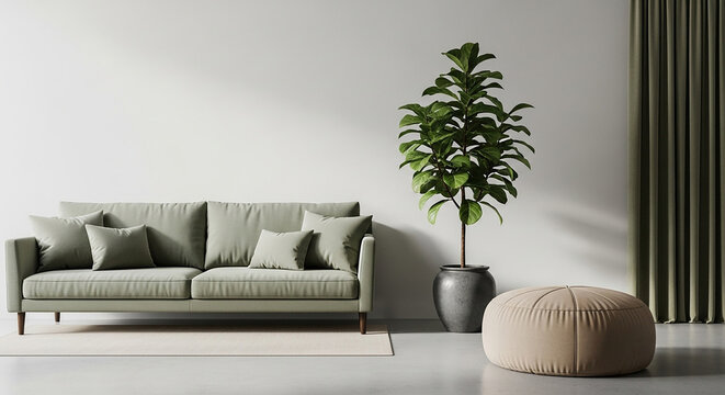 Olive sofa, stylish interior with soft olive green couch large plant and light neutral wall in cozy minimal living room design for modern apartment space

 - Powered by Adobe