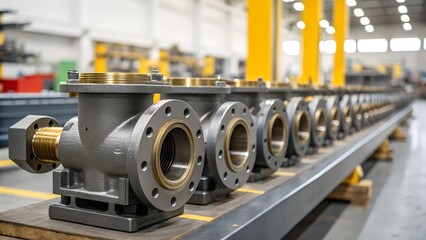 Fototapeta premium A row of industrial metal valves sits ready for use in a bright factory setting.
