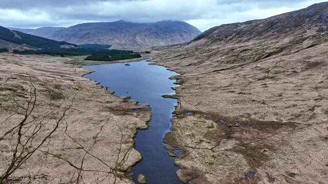 flight over a highland bog landscape on the Isle of Mull, Inner Hybrids, Scotland, UK
