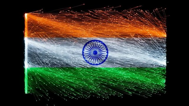Abstract representation of the Indian flag with orange, white, and green stripes emanating from a central blue chakra.