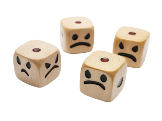 Wooden dice displaying negative emotions, perfect for illustrating disappointment, risk, and bad luck