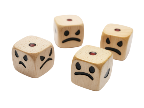 Wooden dice displaying negative emotions, perfect for illustrating disappointment, risk, and bad luck