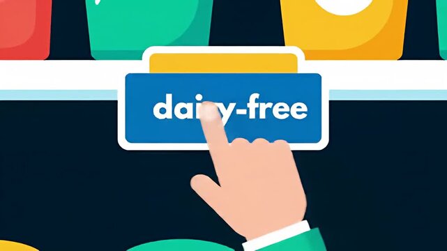 Cartoon image of a hand selecting a "dairy-free" option on a blue rectangular button