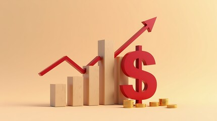 Modern Minimalist 3D Render:  Financial Growth Chart, Red Upward Arrow, Dollar Sign, Gold Coins, Beige Background.