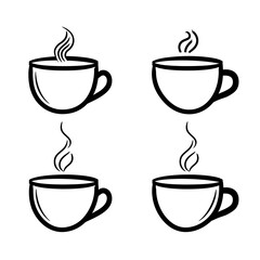 Obraz premium Minimal black outline icon set of four different coffee cup styles, each with steam lines, arranged in 2x2 grid, modern vector illustration, isolated on