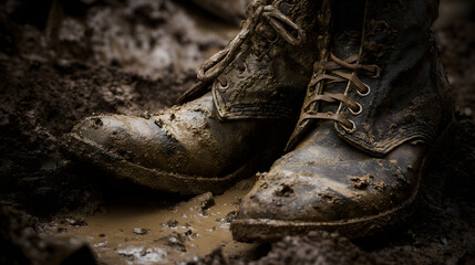 Abandoned Military Boots Sinking in Mud: A Close-Up Study in Textures and Earthy Tones