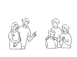 家族、夫婦のセット、線画