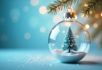A clear glass globe with a miniature snow-covered Christmas tree inside, hanging against a soft blue background filled with bokeh and shimmering particles.