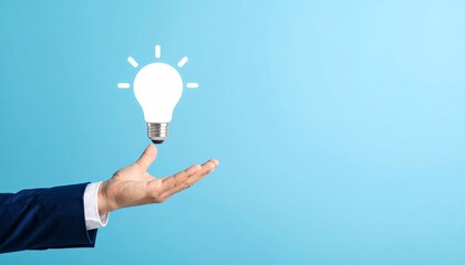 3D scene with a lightbulb-shaped idea icon floating above the hand of a blurred man in a suit