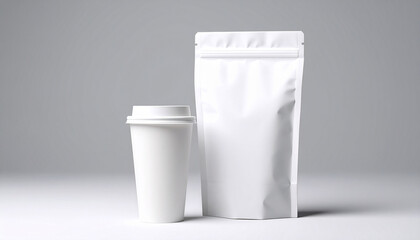Matte White Pouch and Paper Cup – Modern Minimalist Coffee Takeaway Packaging Design