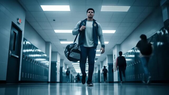 Teen athlete walks school hallway, carrying gym bag, motivational success concept, determination, confidence, sports ambition, education promotion, scholarship possibilities,