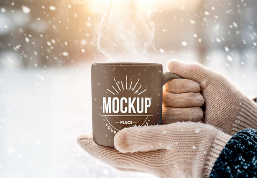 Mug Mockup Held with Wool Gloves in Winter Scene